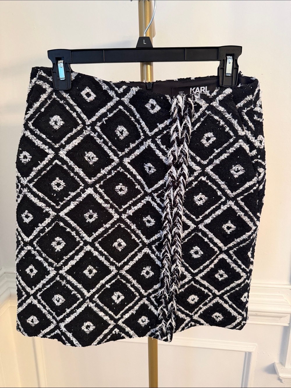 Karl Lagerfeld Black & White Diamond Tweed Mini Skirt with Braided Trim